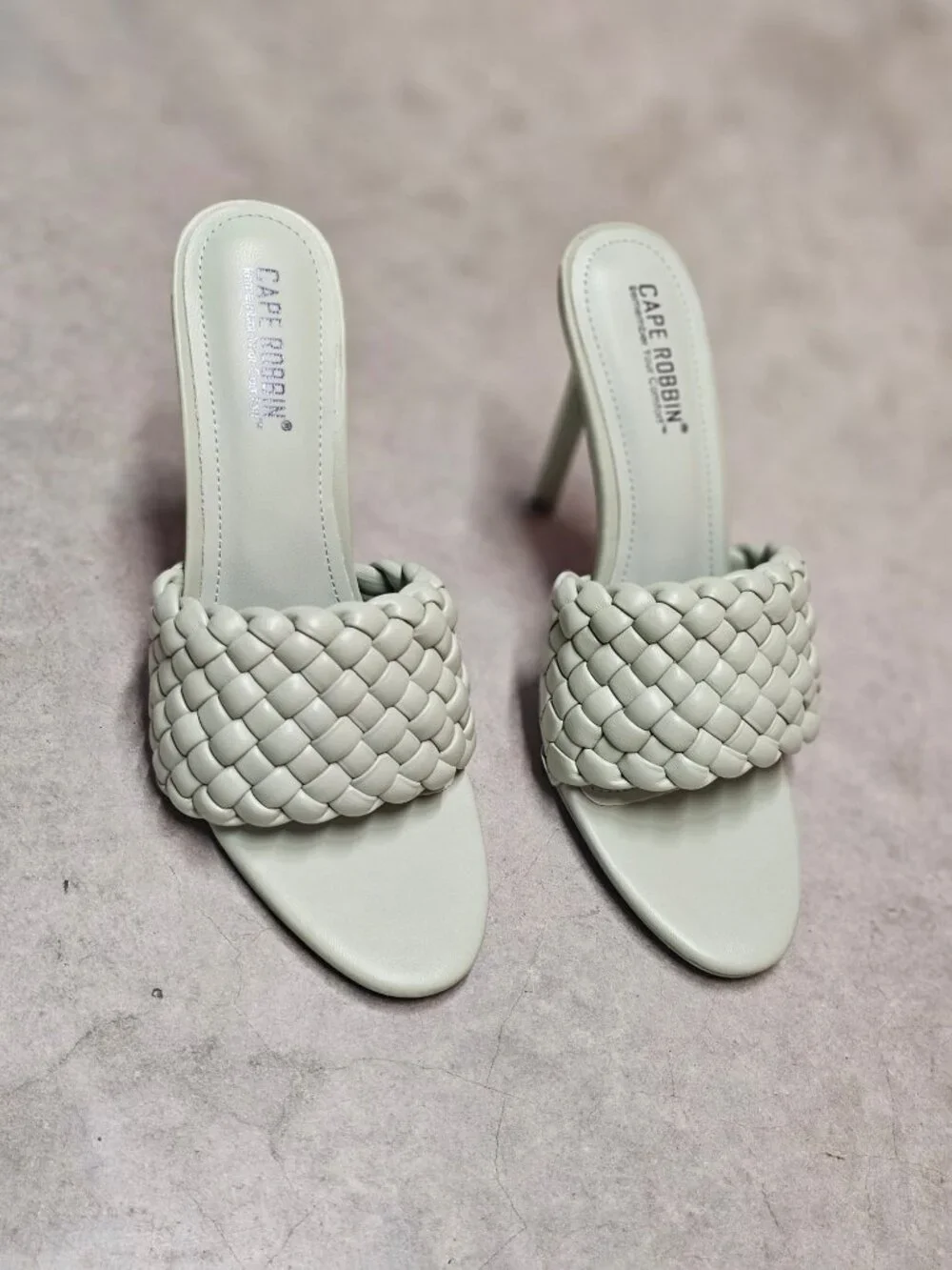 Woven Sage Green High Heel Mules With Padded Straps - Elegant Slip-On Design For